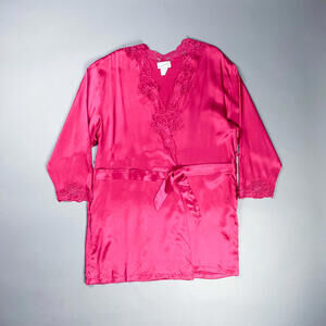 Vintage Fuchsia Silk Robe with Belt, Lace Trimmed